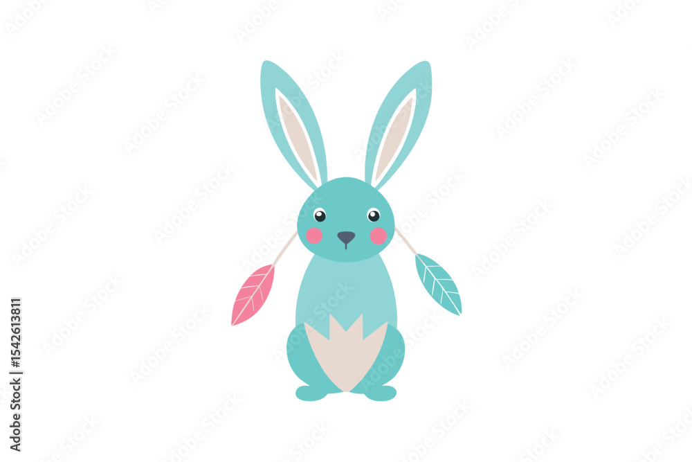 Fototapeta premium Bohemian Style Easter Bunny Illustration with Feathers charming