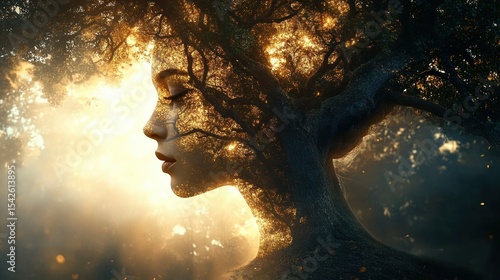 Surreal image of a peaceful female face formed by intertwining tree branches and leaves glowing with golden light in a forest at sunset