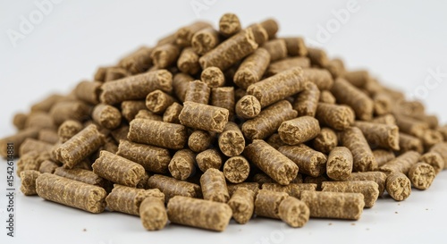 Pile of small, cylindrical, light brown food pellets