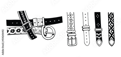 Hand drawn black and white illustrations depicting various types of stylish decorative belts designs and patterns