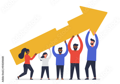 5 people hold a large golden arrow pointing upward