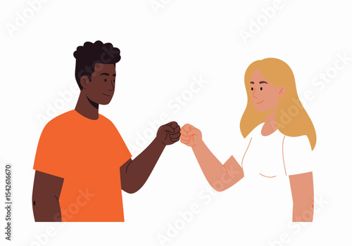 A Black man in an orange shirt fistbumps a blonde woman in a white shirt on a white background