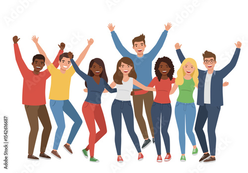 A group of nine diverse cartoon people celebrate with raised arms smiling wearing casual clothes on a white background