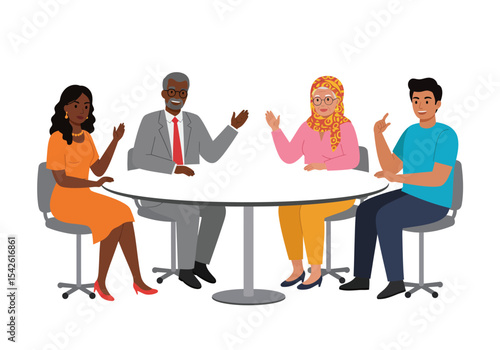 Four diverse individuals seated around a white round table in a discussion
