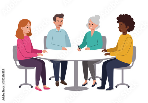 Four diverse people sit at a round table engaged in a meeting or discussion with one taking notes