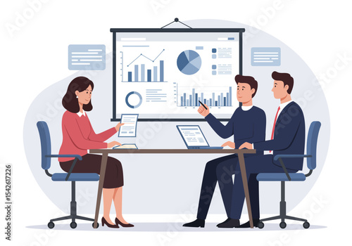 Three business people in a meeting room view data presentation charts