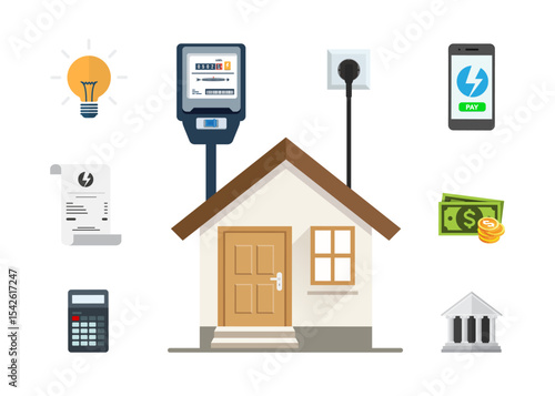Costs and payment methods associated with electricity consumption stock illustration.