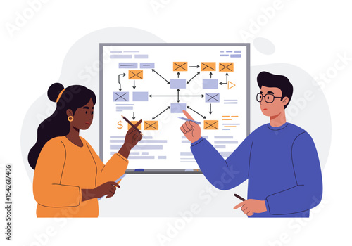 Two people review a flowchart on a whiteboard discussing project or business strategy