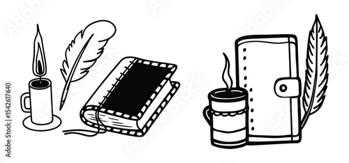 Hand drawn illustration featuring writing objects with a book notebook feather candle and coffee cup in a minimalist style