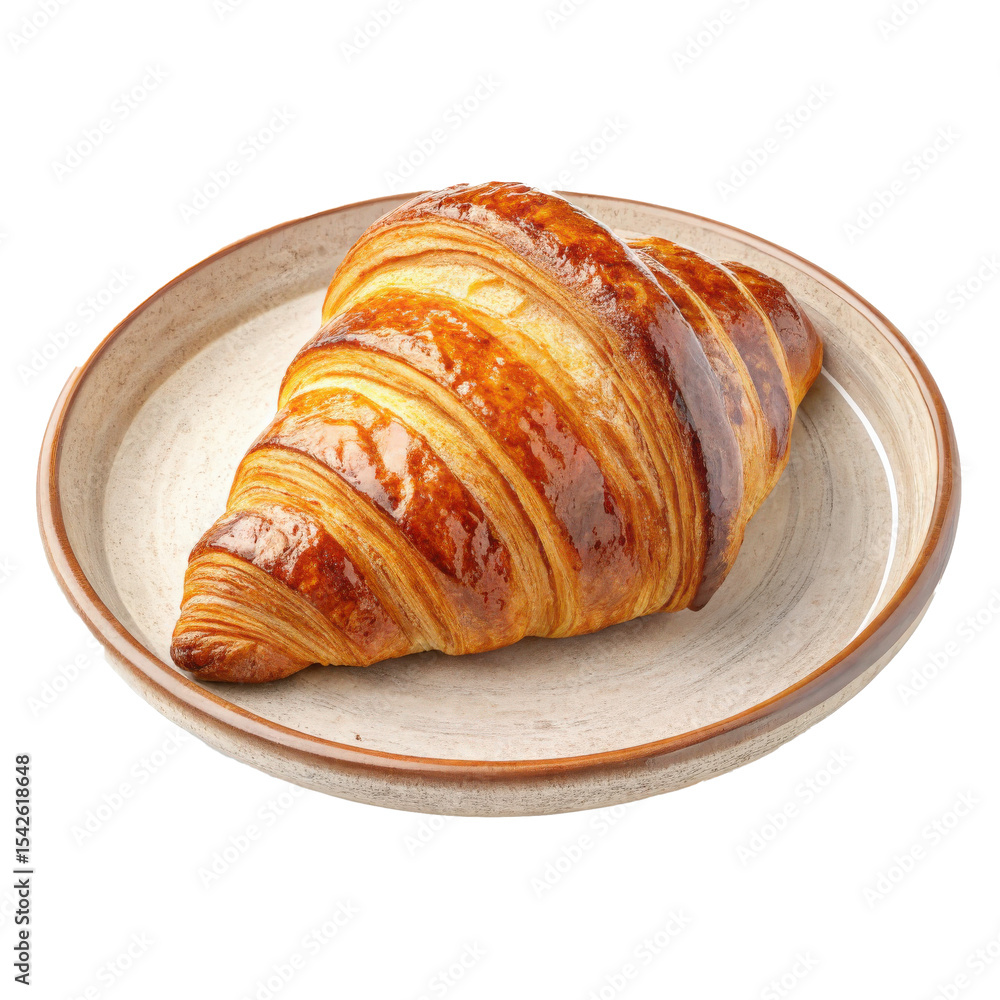 Fototapeta premium Golden flaky croissant on ceramic plate, showcasing its classic layers and buttery texture, perfect for delightful breakfast or snack