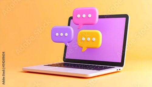 Laptop with floating chat bubbles in 3D style, vibrant modern communication UI