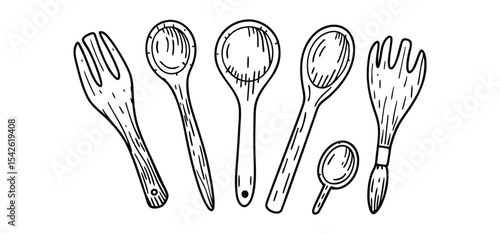 Hand drawn illustration of kitchen utensils including spoons and forks in a minimal black and white style