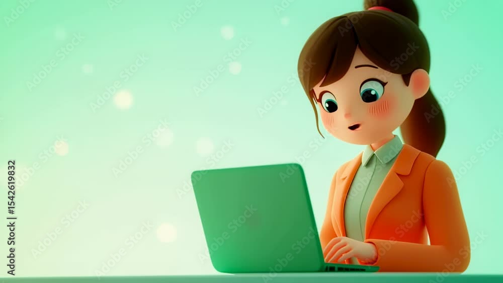 Cartoon woman working on laptop, cheerful and bright Cartoon woman working on laptop, cheerful and bright