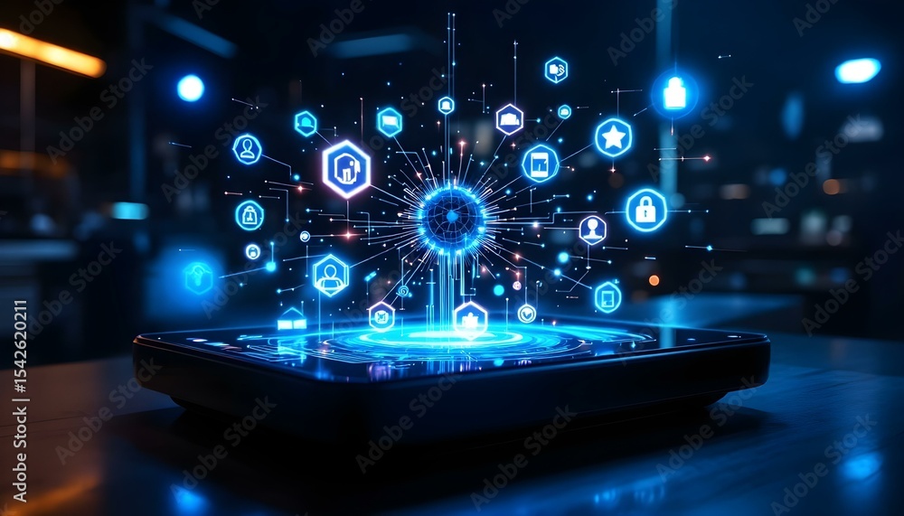 Fototapeta premium Futuristic hologram interface with floating icons, radial light effects, and dark sci-fi ambiance.