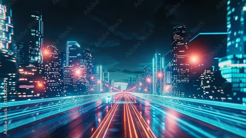 Futuristic city at night with light trails, neon glow, and motion blur Futuristic city at night with light trails, neon glow, and motion blur