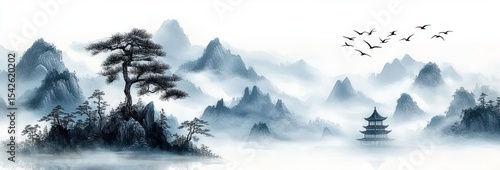 Misty mountain landscape with pine trees, rocky cliffs, distant pagoda, and birds flying amid soft fog creating a tranquil and serene atmosphere