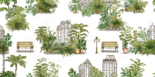 Watercolor and Engraving Urban Landscape with Prehistoric Plants and Benches Seamless Pattern for design, textile, packaging, fabric, wallpaper, branding, stationery, wrapping paper interior decor