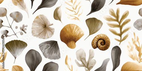 Watercolor and Engraving Prehistoric Leaves Fossils Seamless Pattern. Ancient Natural Elements for design, textile, packaging, fabric, wallpaper, branding, stationery, wrapping paper interior decor.