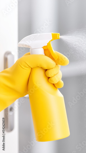 Wallpaper Mural Cleaning spray bottle with yellow gloves spraying liquid in indoor environment, showing hand holding and mist spray action Torontodigital.ca