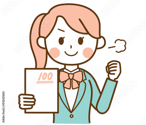 テストで100点を取って頑張ったブレザー制服の学生の女の子のイラスト素材