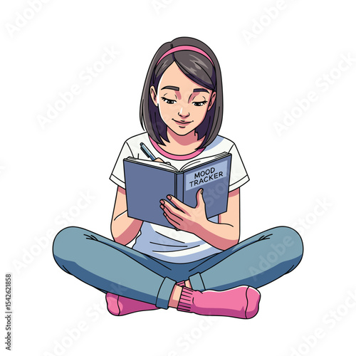 Illustration of a young woman sitting cross-legged, writing in a mood tracker journal