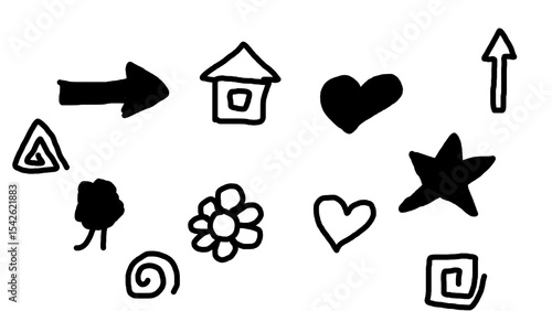 手描きの子供用マーカーイラストセットの落書き — 塗りつぶされた星、塗りつぶされた心、輪郭のある心、丸い渦巻き、四角い渦巻き、花、木、アウトラインの矢印、家

