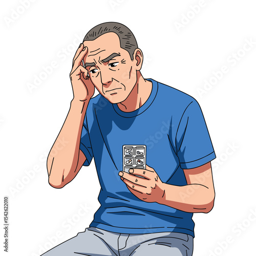 Elderly Man with Headache Holding Medication: Illustration for Healthcare and Medical Content