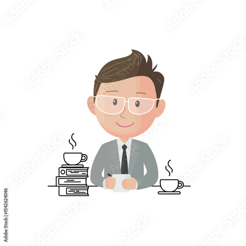 Cartoon man with glasses and suit sitting at desk with books and coffee cups in illustration style