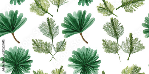 Watercolor Illustration of Diverse Prehistoric Plants Evergreen Foliage Seamless Pattern. Ancient Botanicals for design, textile, packaging, fabric, wallpaper, branding, wrapping paper interior decor.