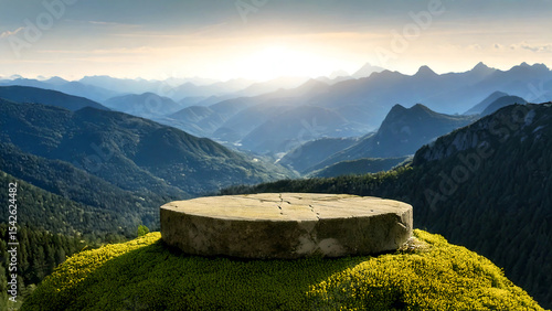 Fototapeta Naklejka Na Ścianę i Meble -  Scenic mountain landscape with a stone platform for product display and presentation