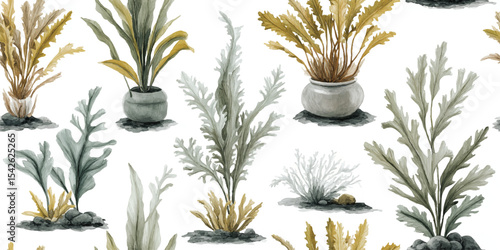 lustration of Various Prehistoric Marine Plants and Seaweeds Seamless Pattern. Ancient Underwater Flora for design, textile, packaging, fabric, wallpaper, branding, wrapping paper interior decor.