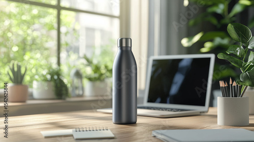 Matte Stainless Steel Water Bottle on Wooden Desk Near Laptop and Notebooks – Minimalist Workspace Mockup with Soft Window Light for Eco Branding, Lifestyle Design, or Product Showcase