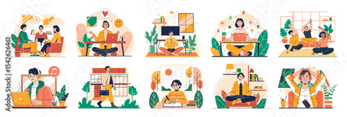 A set of illustrations showing modern life—remote work, relaxation, learning, and well-being in home settings. Ideal for blogs, apps, lifestyle content, and wellness or productivity designs.