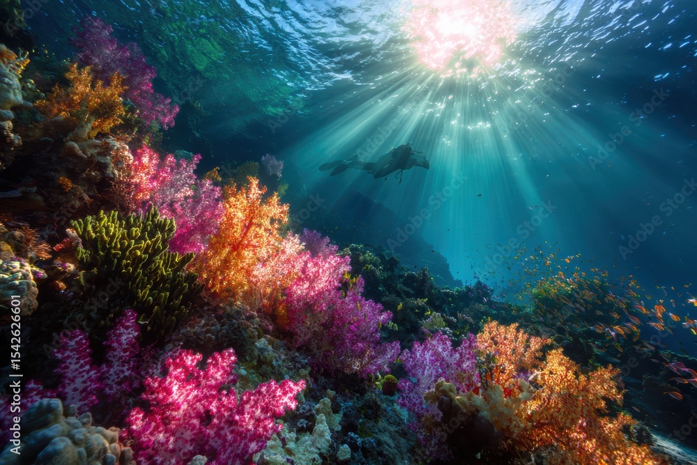 Naklejka premium Stunning Underwater Scene with Vivid Coral Reefs and Sunlight Beaming Through the Surface, Showcasing the Beauty of Marine Life and Biodiversity