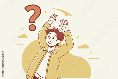 Cartoon man shrugging with raised hands and question mark above his head