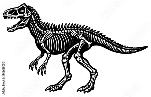 A complete skeletal fossil of a large carnivorous dinosaur, showcasing its powerful bones and menacing posture.