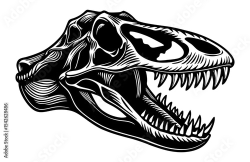 A fearsome dinosaur skull, likely a Tyrannosaurus Rex, rendered with intricate detail showcasing its sharp teeth and bony structure.