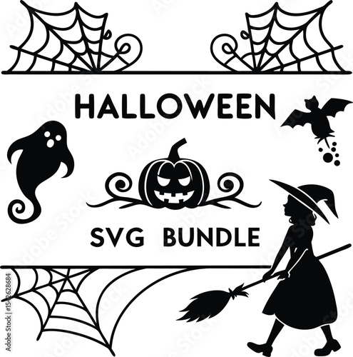 halloween witch spiderweb bat flying broom silhouette