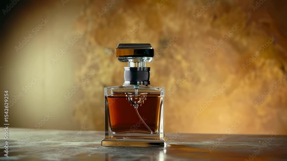 Elegant perfume bottle on a textured surface with golden background, product shot Elegant perfume bottle on a textured surface with golden background, product shot