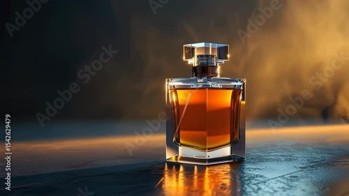 Elegant perfume bottle with golden liquid and crystal cap on a reflective surface, dramatic lighting