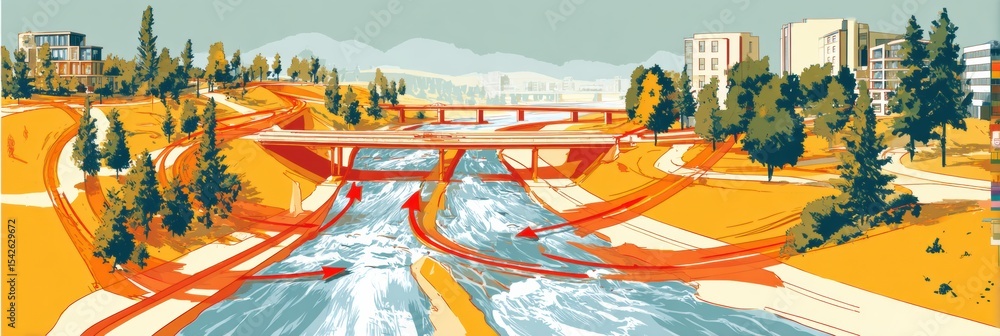 Flood Plan Illustration Showing Water Route Lines and Emergency Directions for Urban Areas Flood Plan Illustration Showing Water Route Lines and Emergency Directions for Urban Areas