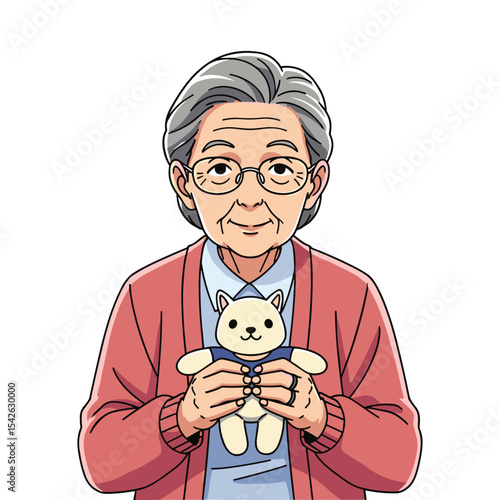 Illustration of a cheerful senior woman holding a cute stuffed animal, isolated on white