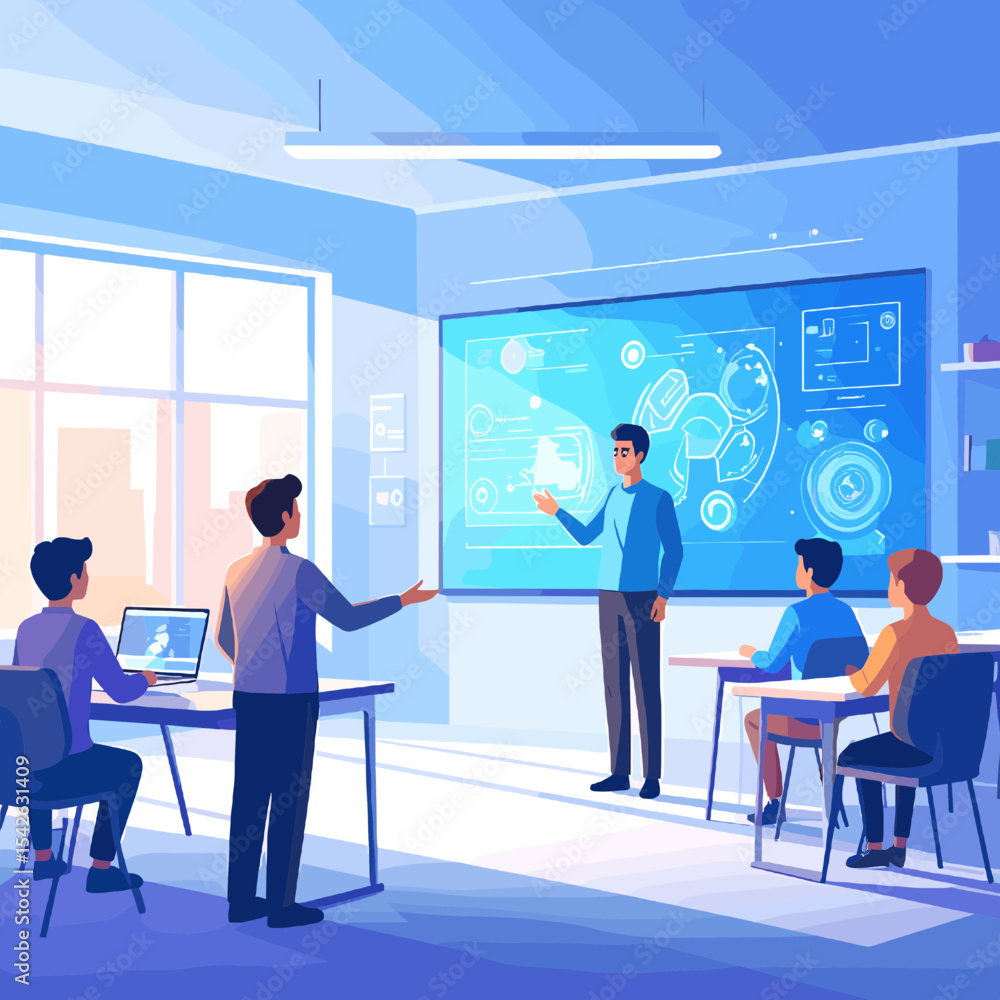 Classroom Scene with Teacher Presenting Diagram to Students in Blue Tone Modern Style Classroom Scene with Teacher Presenting Diagram to Students in Blue Tone Modern Style