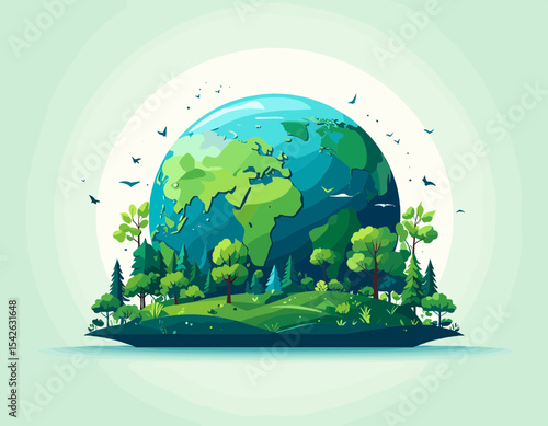 Digital Pixel Earth Globe with Green Landscape Trees Forest and Flying Birds in Peaceful Scene