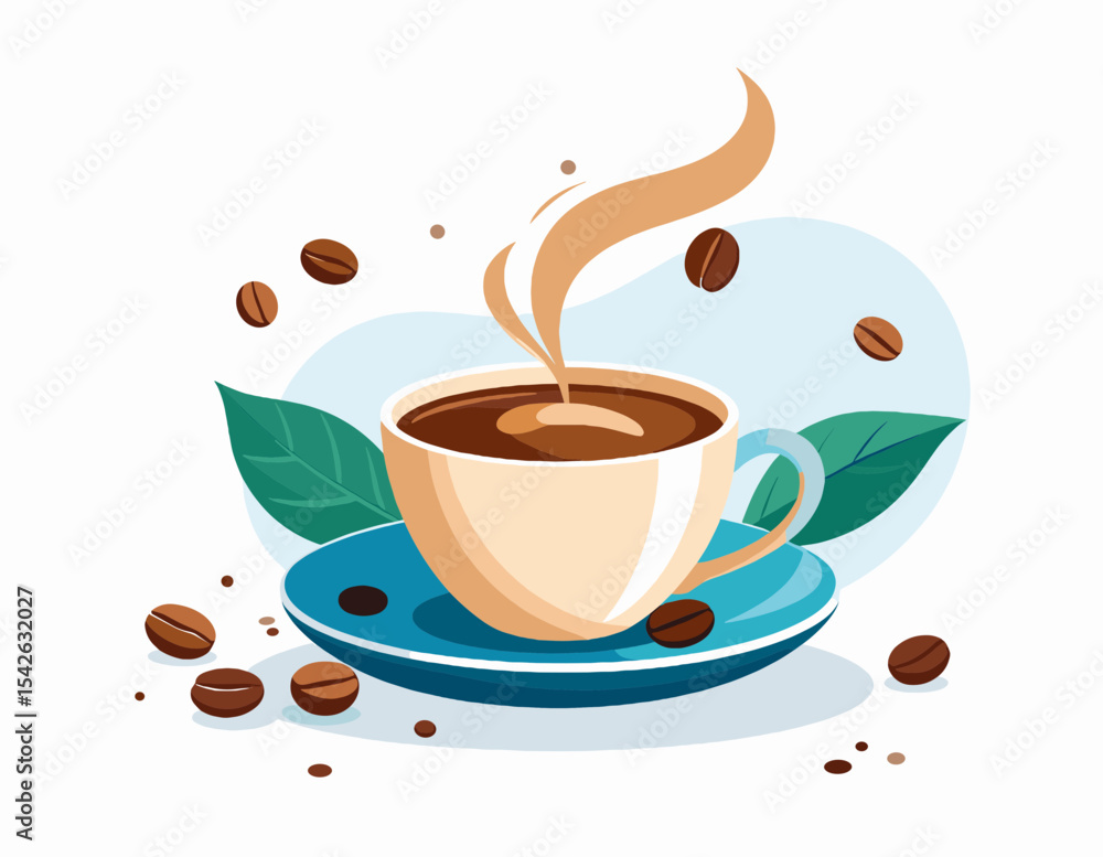 Obraz premium Stylized Pixel Art of Steaming Coffee Cup with Beans and Leaves on White Background
