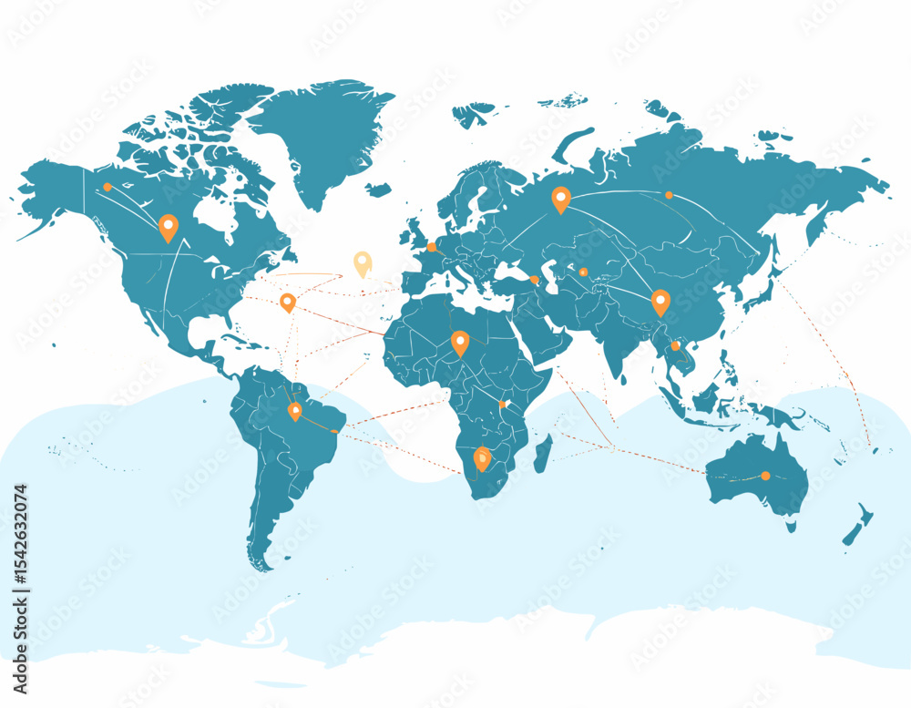Fototapeta premium Teal World Map with Orange Points of Interest and Light Blue Ocean Graphic Representing Global Connections