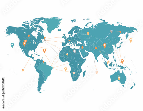Teal and Orange World Map with Location Pins Representing Global Network on a White Background Depicting International Business and Travel Connections