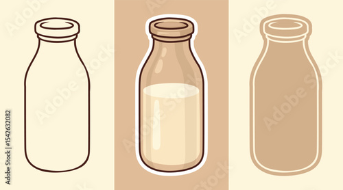 Three Types of Cartoon Style Sticker of Milk Bottles