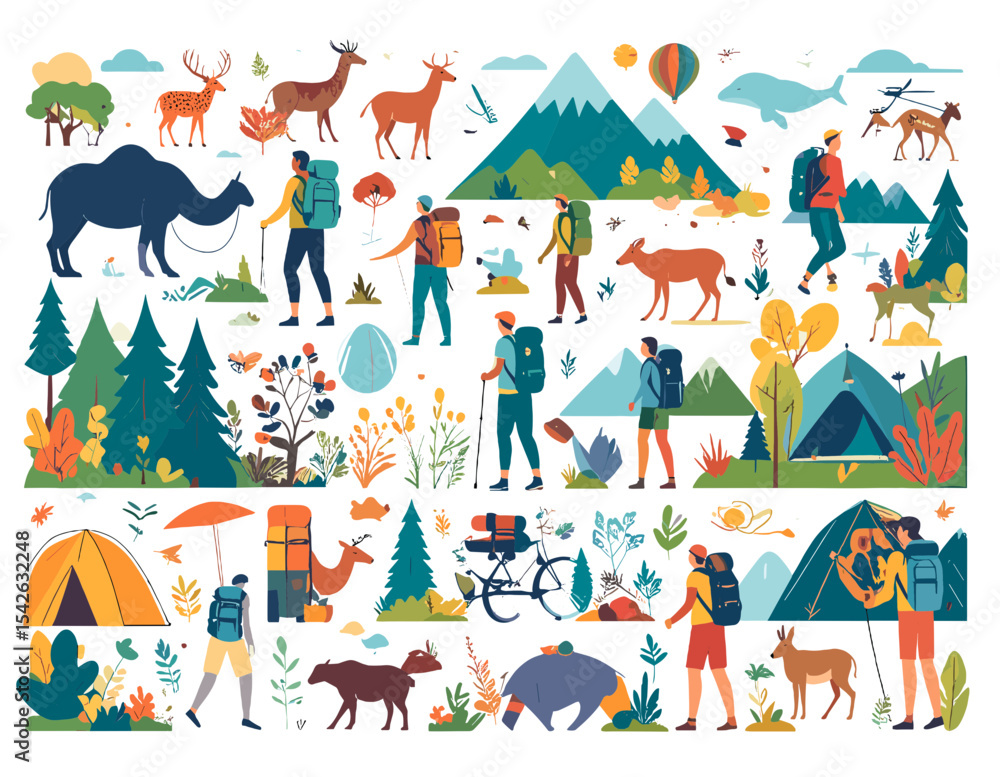Obraz premium Whimsical Hiking Scene with Backpackers Animals Trees and Mountains in Colorful Flat Style Illustration