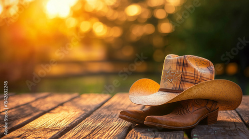 Close-Up Of Cowboy Hat, Boots, And Plaid Shirt Styled For Calgary Stampede Displayed On Wooden Deck Bathed In Warm Sunset Light Creating Rustic Western Vibes And Authentic Country Atmosphere